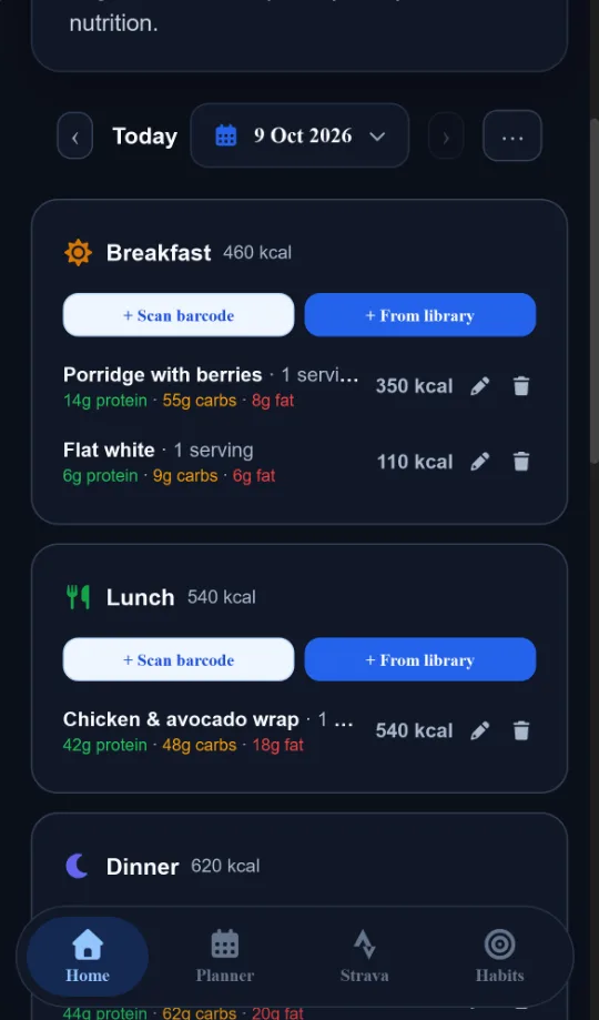 Food diary with breakfast and lunch logged, showing calories and macros for each food