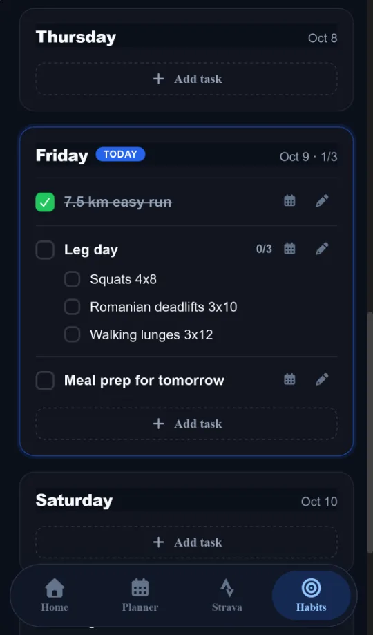 Weekly to-do list with today's run ticked off and a leg day session broken into exercises